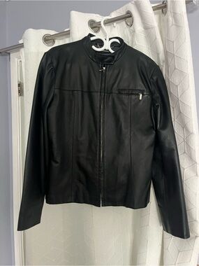 Women's Black Leather Zip-Front Jacket with Stand Collar